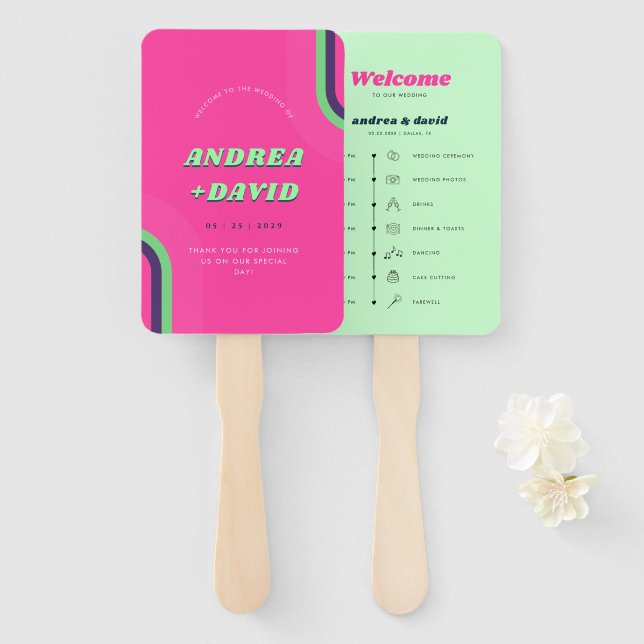 Vibrant Retro Rainbow Hot Pink 70s Wedding Program Hand Fan (Front and Back)