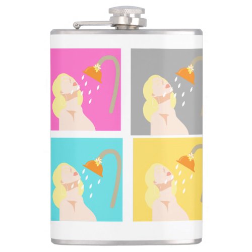 Vibrant Retro Shower Girl Pop Art Flask