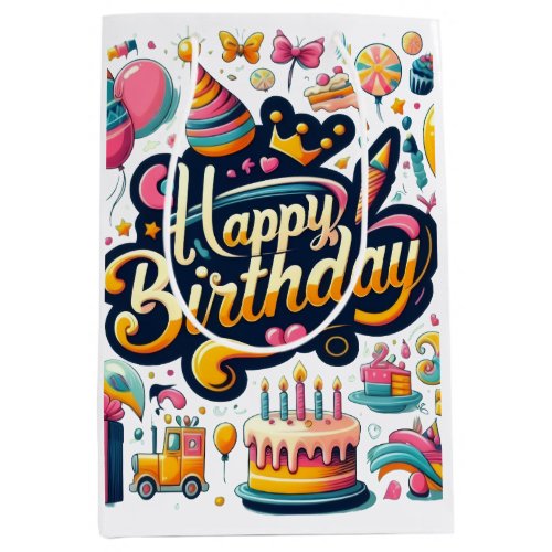 Vibrant Retro Style Happy Birthday Celebration Medium Gift Bag