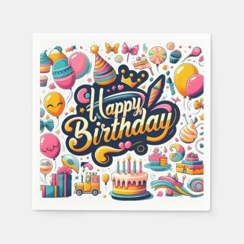 Vibrant Retro Style Happy Birthday Celebration Napkins