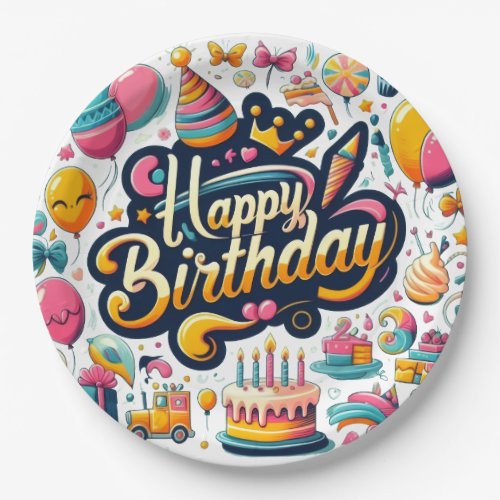 Vibrant Retro Style Happy Birthday Celebration Paper Plates