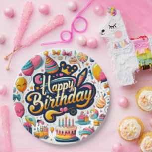 Vibrant Retro Style Happy Birthday Celebration Paper Plates