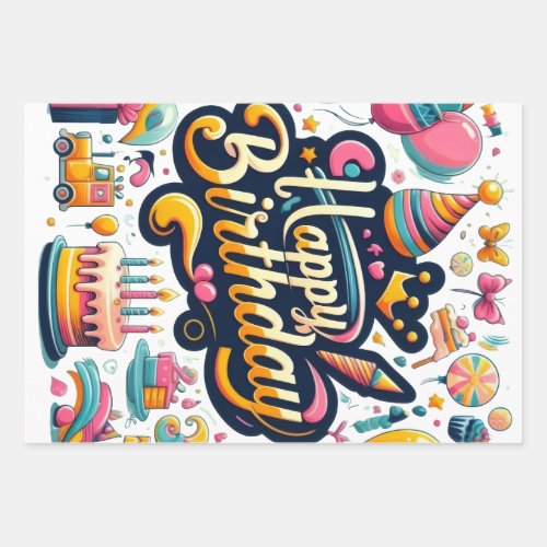 Vibrant Retro Style Happy Birthday Celebration Wrapping Paper Sheets