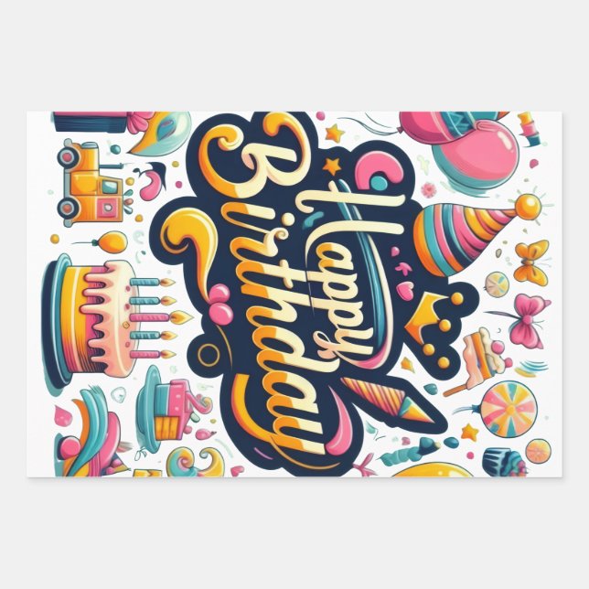 Vibrant Retro Style Happy Birthday Celebration Wrapping Paper Sheets (Front)