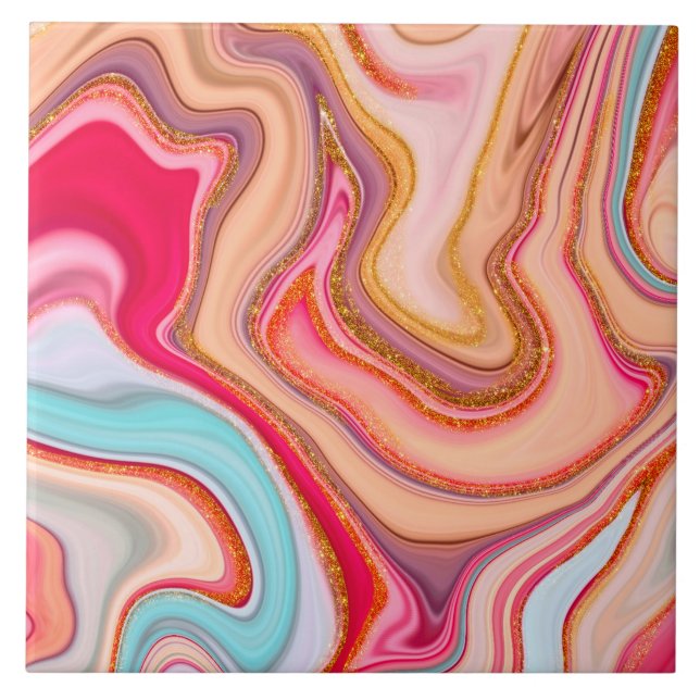 Vibrant Retro Style Marble Watercolor Glitter Ceramic Tile (Front)