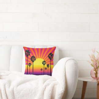 Vibrant Retro Sunset Palm Tree Throw Pillow on Whi