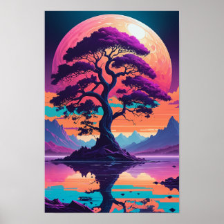 Vibrant Retro Tree Scene – Bold, Colorful Poster