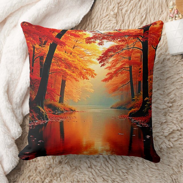 Vibrant River of Autumn Gold Design Throw Pillow (Blanket)