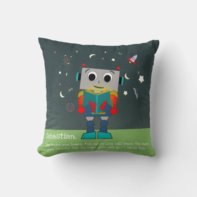 Vibrant Robot Reading Pillow Add A Custom Quote (Front)