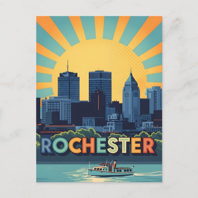 Vibrant Rochester skyline at sunset Postcard (Front)