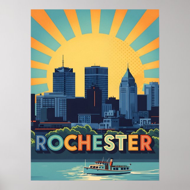 Vibrant Rochester skyline at sunset Poster (Front)