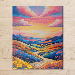Vibrant Rolling Hills Sunflower Art Painting Jigsaw Puzzle
