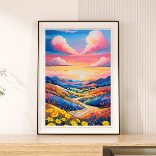 Vibrant Rolling Hills Sunflower Art Painting Poster