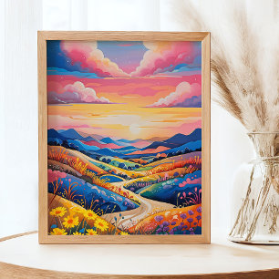 Vibrant Rolling Hills Sunflower Art Painting Poster