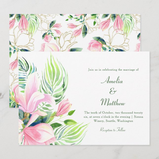 Vibrant Romantic Tropical Floral Magnolia Wedding Invitation (Front/Back)