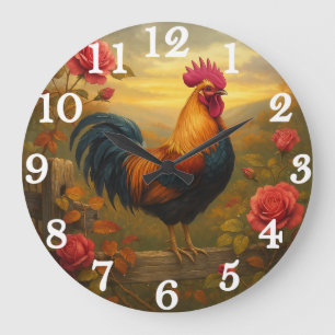 Vibrant rooster in golden sunset large clock