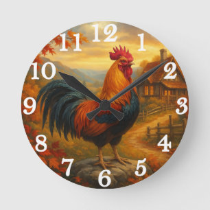 Vibrant rooster in rustic farmyard round clock