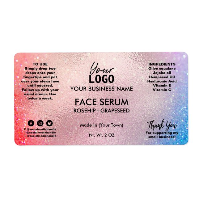 Vibrant Rose Gold Colored Face Serum Label (Front)