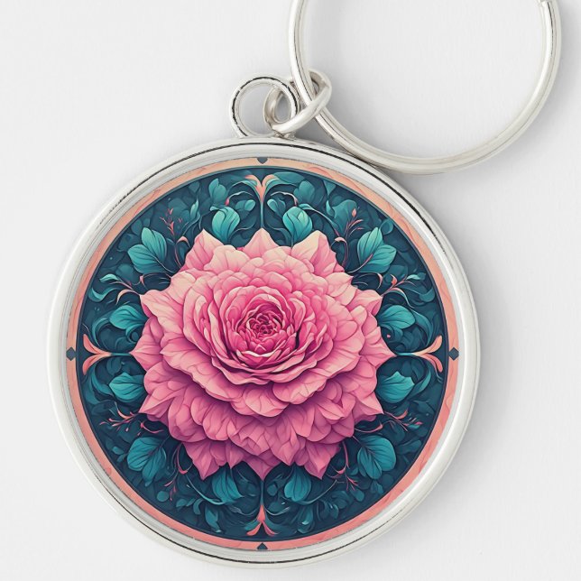 Vibrant Rose in Bloom Surrounded by Ornate Details Keychain (Front)