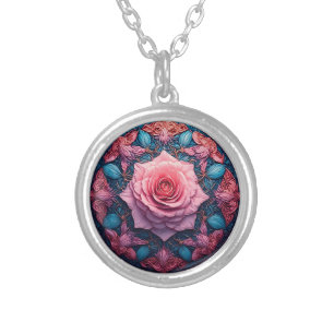 Vibrant Rose in Bloom Surrounded by Ornate Details Silver Plated Necklace