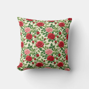 Vibrant Rose Pattern With Red And Pink Roses Throw Pillow