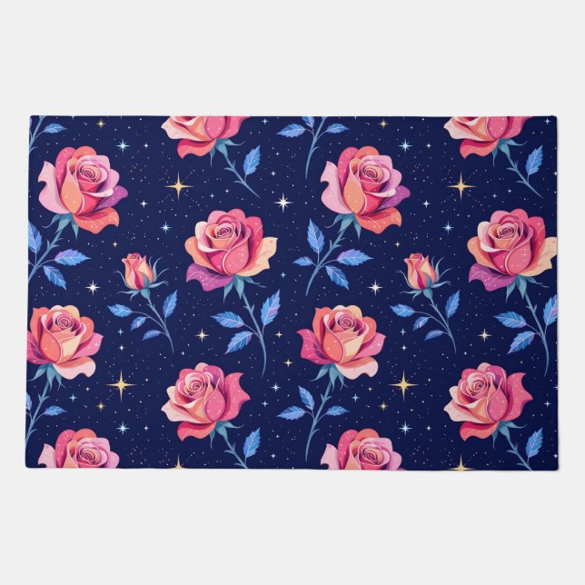 Vibrant Roses Against Starry Night Sky Doormat (Front)