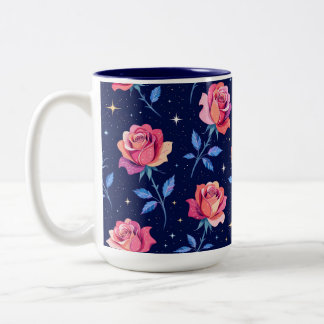 Vibrant Roses Against Starry Night Sky Two-Tone Coffee Mug