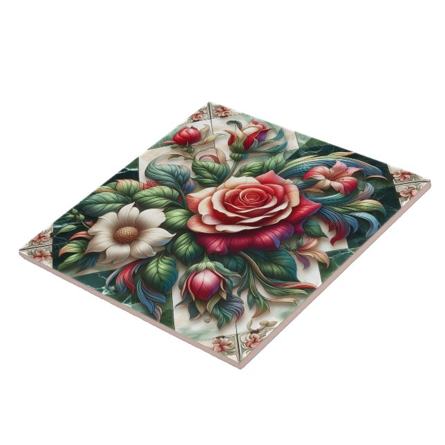 Vibrant Roses and Lilies Arrangement Ceramic Tile (Side)
