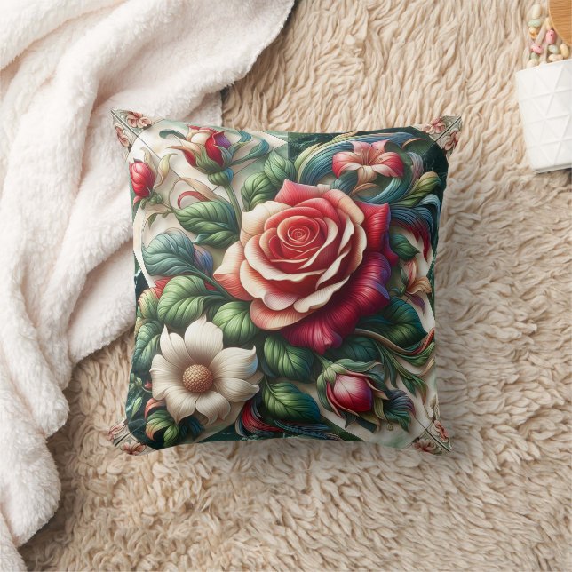 Vibrant Roses and Lilies Arrangement Throw Pillow (Blanket)