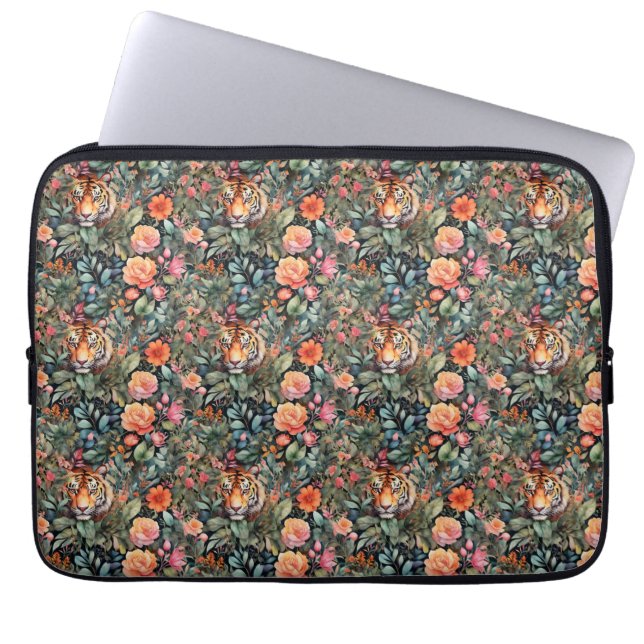 Vibrant roses and tigers jungle  laptop sleeve (Front)