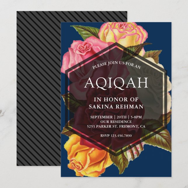 Vibrant Roses Bouquet Geometric Aqeeqah | Aqiqah Invitation (Front/Back)
