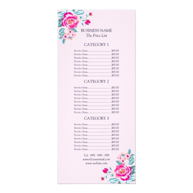 Vibrant Roses Hot Pink Floral Price List Menu (Front)