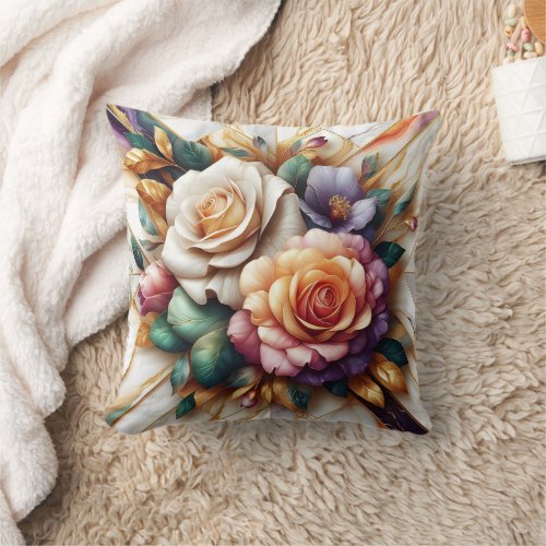 Vibrant Roses With Leaves on a Marble Background Throw Pillow