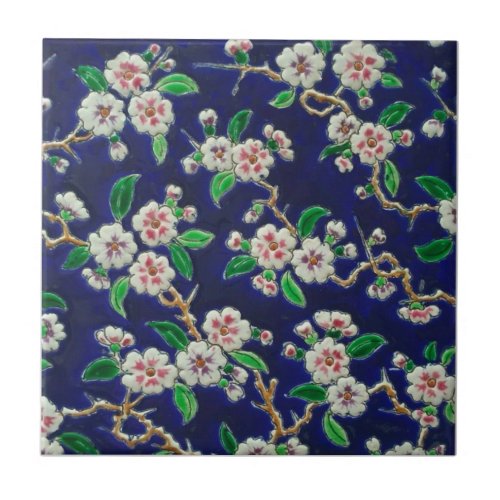 Vibrant Royal Blue Cherry Blossoms Antique Repro Ceramic Tile