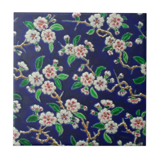 Vibrant Royal Blue Cherry Blossoms Antique Repro Ceramic Tile (Front)
