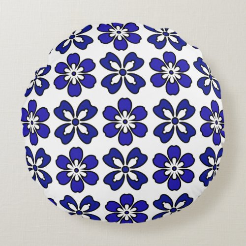 Vibrant Royal Blue  White Floral Round Pillow