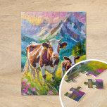 Vibrant Rural Landscape with Cows Jigsaw Puzzle<br><div class="desc">A heartwarming modern impressionist painting of a mother cow and her calf in a serene rural mountain pasture, brought to life with bright, vibrant colors and thick abstract brushstrokes. The dynamic strokes capture the peaceful bond between the animals, while the rich hues of green, blue, and earthy tones create a...</div>