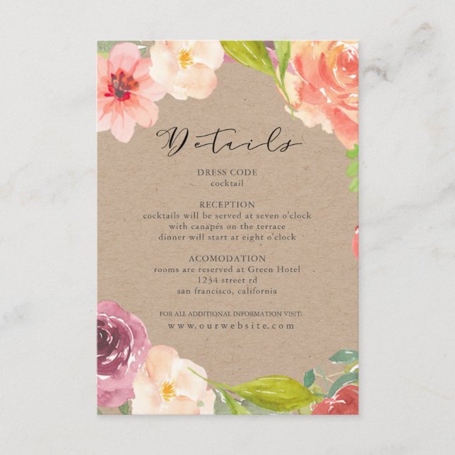 Vibrant Rustic floral wedding details Card (Front)