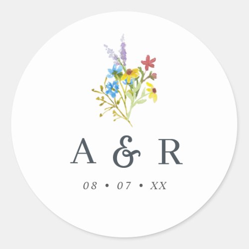 Vibrant Rustic Wildflowers Wedding Monogram Classic Round Sticker