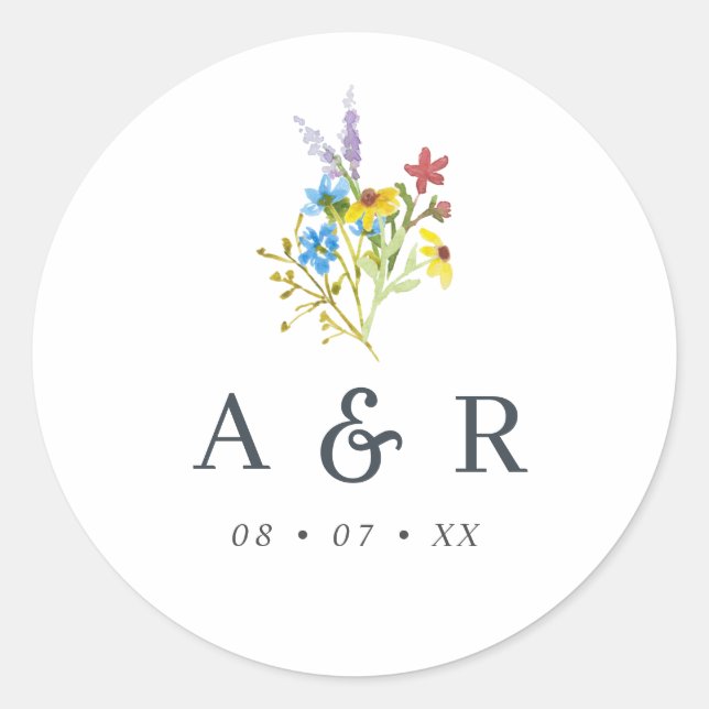 Vibrant Rustic Wildflowers Wedding Monogram Classic Round Sticker (Front)