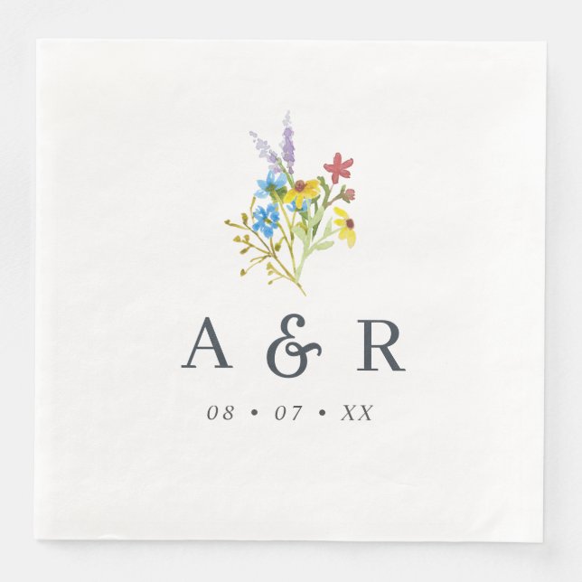 Vibrant Rustic Wildflowers Wedding Monogram Paper Dinner Napkins (Front)