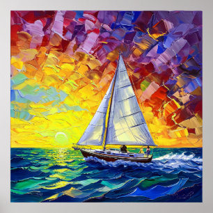 Vibrant Sailboat Journey Through Colorful Sunset Poster