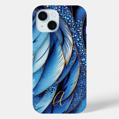 Vibrant Sapphire Blue Gold Feathers Monogrammed iPhone 15 Case