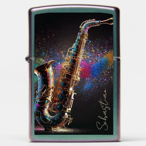 Vibrant Saxophone Art with Color Burst Zippo Lighter