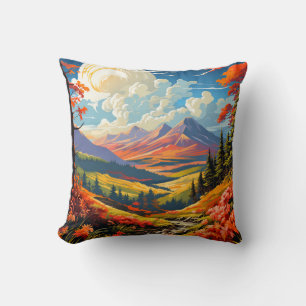Vibrant Scenic Valley Landscape Illustration Throw Pillow