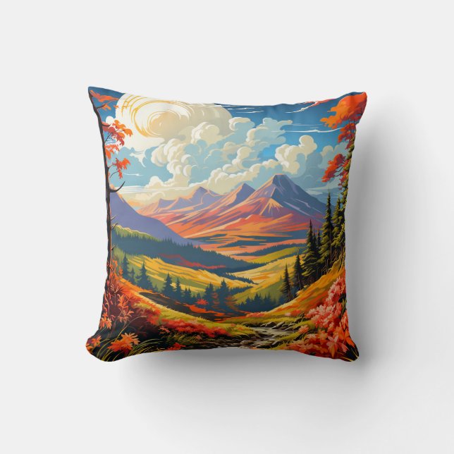 Vibrant Scenic Valley Landscape Illustration Throw Pillow (Front)