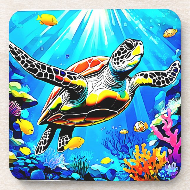 Vibrant Sea Turtle Dreamscape Beverage Coaster (Front)