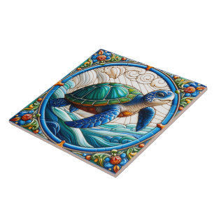 Vibrant Sea Turtle in Colorful Waves Ceramic Tile