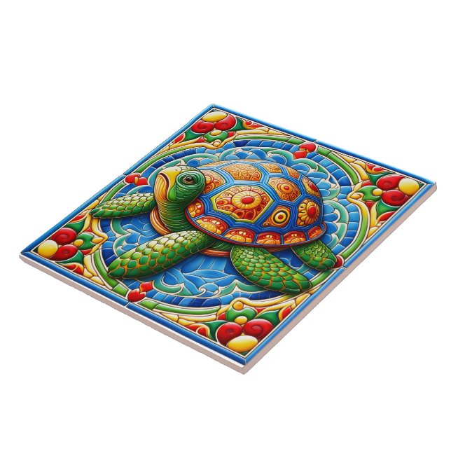 Vibrant Sea Turtle Ocean Art Ceramic Tile (Side)