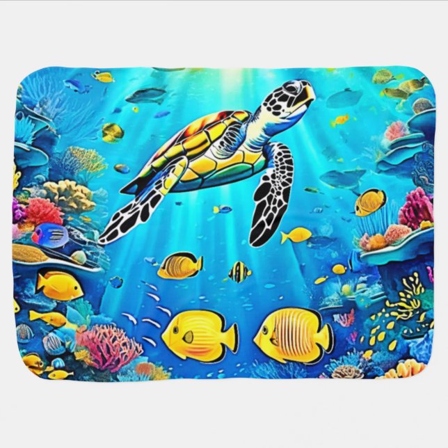 Vibrant Sea Turtle Reef Art Baby Blanket (Horizontal)